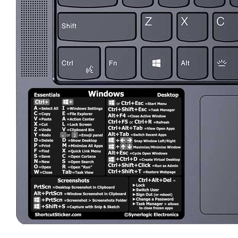 Synerlogic Synerlogic Windows PC Reference Keyboard Shortcut Sticker  Vinyl NoResidue Adhesive Windows Shortcut Sticker for PC Laptop or Desktop  Shortcuts Cheat Sheet BlackLarge