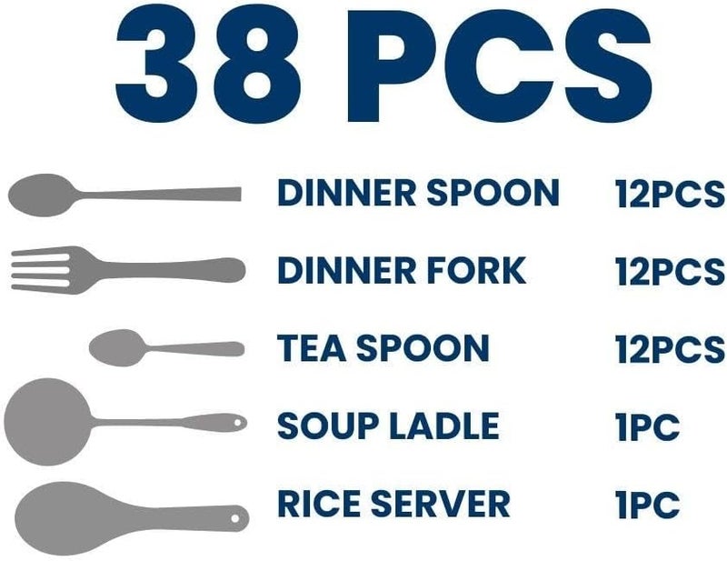 Arshia Tableware Stainless Steel Cutlery Set 38-Pieces, Silver Matte - Image 3