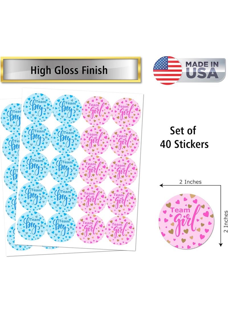 RokAPary 40 Team Girl Team Boy Hearts Background Gender Reveal Stickers 2 Inch Big Round Glossy Labels Pink and Blue Decals Great for Baby Shower Party Favors Tags Games and Supplies Made in USA  - Image 2