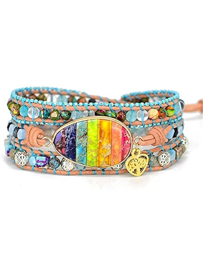Arabest Beaded Boho Bracelets for Women Natural Healing Stone Bohemian Crystal Handmade Leather Wrap Bracelets with Strand for Men Girls Shipping from US Warehouse (Chakra Stone) - Image 1