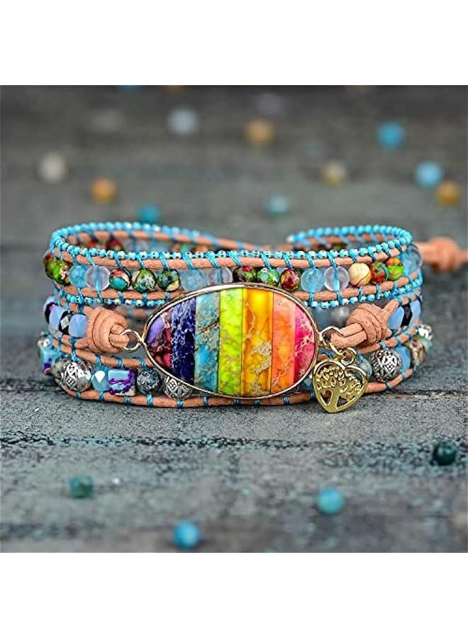 Arabest Beaded Boho Bracelets for Women Natural Healing Stone Bohemian Crystal Handmade Leather Wrap Bracelets with Strand for Men Girls Shipping from US Warehouse (Chakra Stone) - Image 3