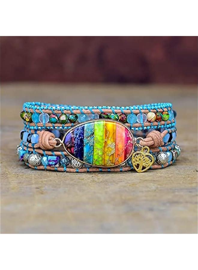Arabest Beaded Boho Bracelets for Women Natural Healing Stone Bohemian Crystal Handmade Leather Wrap Bracelets with Strand for Men Girls Shipping from US Warehouse (Chakra Stone) - Image 5