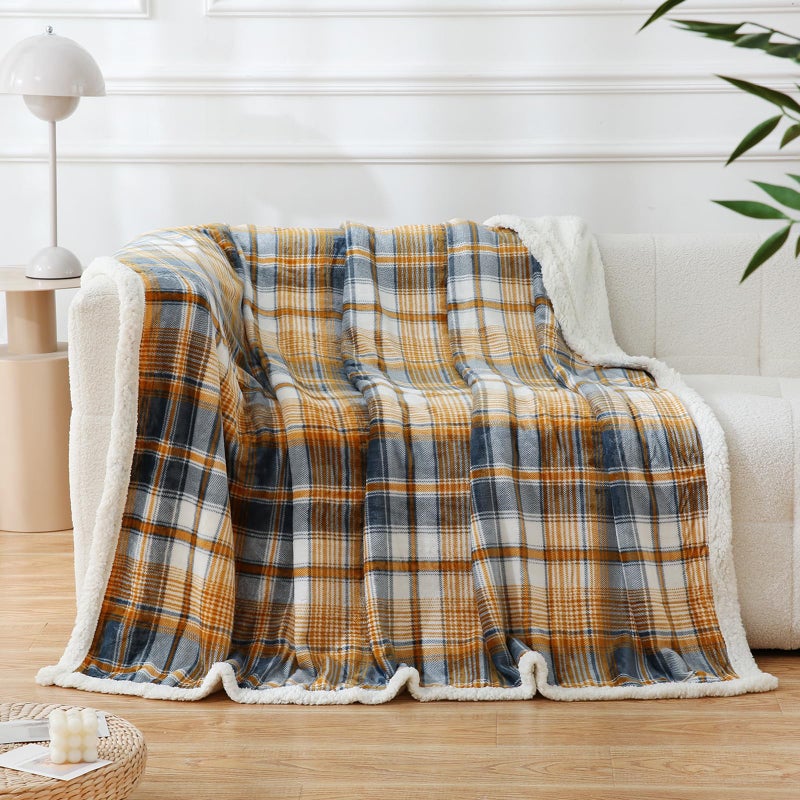 Pu Mei Sherpa Blanket Twin Plaid Thick Bed Blanket  60 *80  Super Soft Flannel Fuzzy Fleece Reversible Velvet Plush Warm Blanket For Couch (Blue Yellow Check) - Image 5