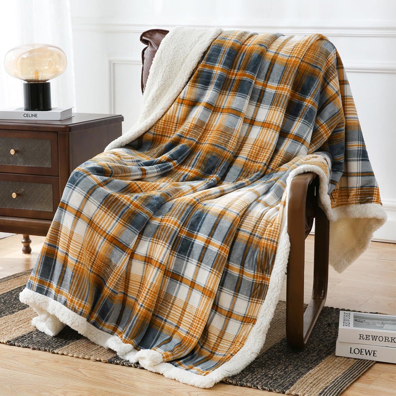 Pu Mei Sherpa Blanket Twin Plaid Thick Bed Blanket  60 *80  Super Soft Flannel Fuzzy Fleece Reversible Velvet Plush Warm Blanket For Couch (Blue Yellow Check) - Image 1