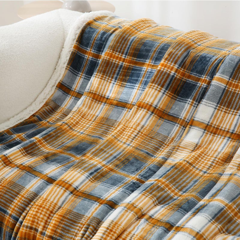 Pu Mei Sherpa Blanket Twin Plaid Thick Bed Blanket  60 *80  Super Soft Flannel Fuzzy Fleece Reversible Velvet Plush Warm Blanket For Couch (Blue Yellow Check) - Image 2