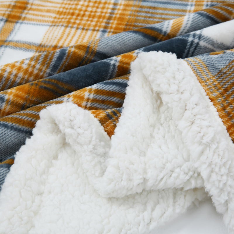Pu Mei Sherpa Blanket Twin Plaid Thick Bed Blanket  60 *80  Super Soft Flannel Fuzzy Fleece Reversible Velvet Plush Warm Blanket For Couch (Blue Yellow Check) - Image 3