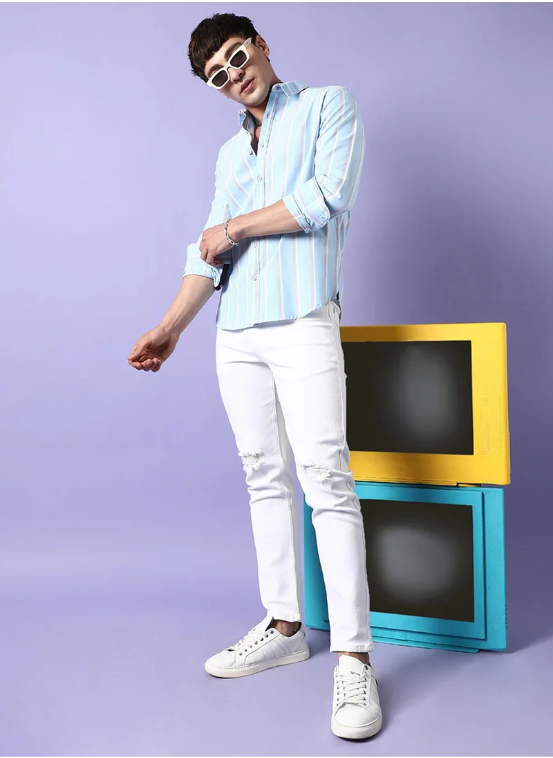 كامبوس سوترا Campus Sutra Men's Light Blue Striped Cotton Shirt Button Up Regular Fit For Casual Wear | Cotton Spread Collar Shirt Crafted With Regular Sleeve, Comfort Fit & High-Performance For Everyday Wear
