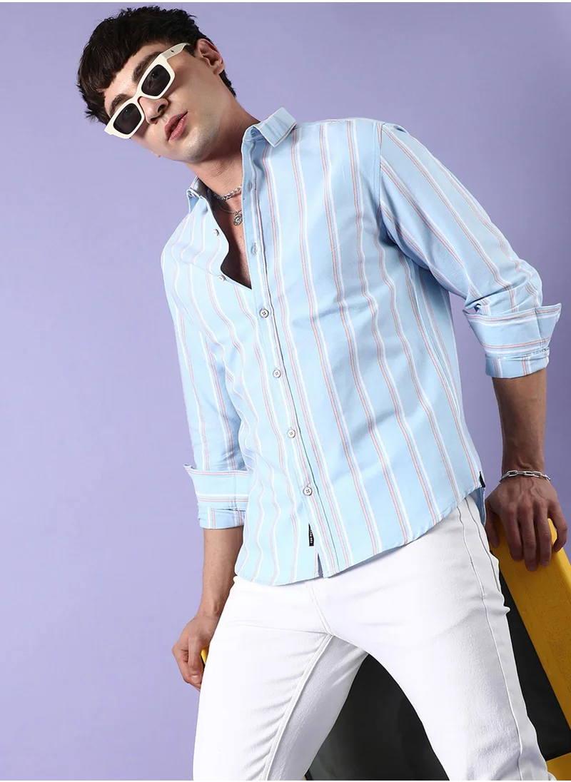 كامبوس سوترا Campus Sutra Men's Light Blue Striped Cotton Shirt Button Up Regular Fit For Casual Wear | Cotton Spread Collar Shirt Crafted With Regular Sleeve, Comfort Fit & High-Performance For Everyday Wear