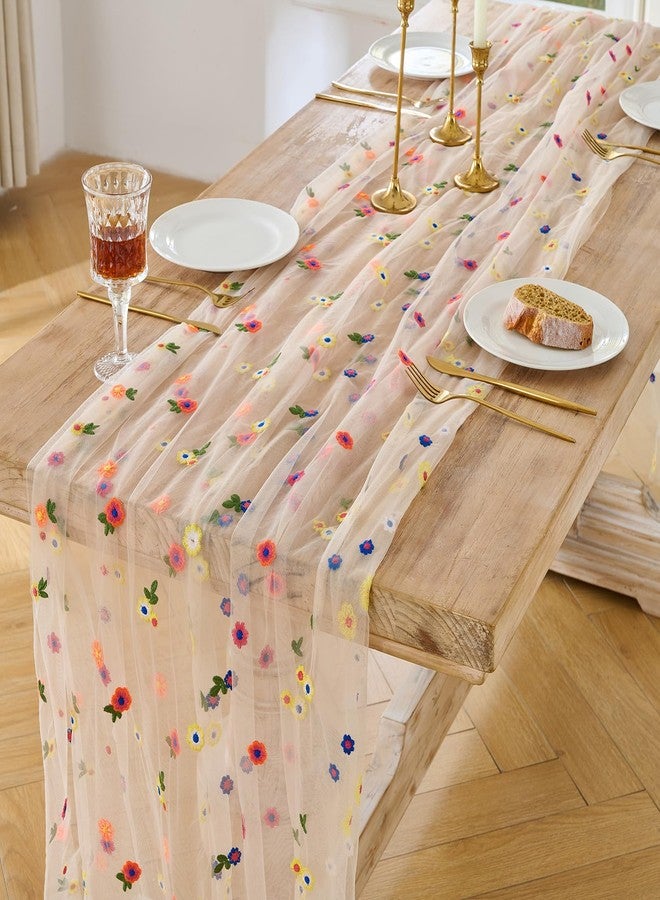 BINBE 3pcs Champagne Daisy Spring Table Runner Embroidery Gauze 10FT Florals Seasonal Tulle Holiday Birthday Kitchen Dining Table Decor for Home Party - Image 2