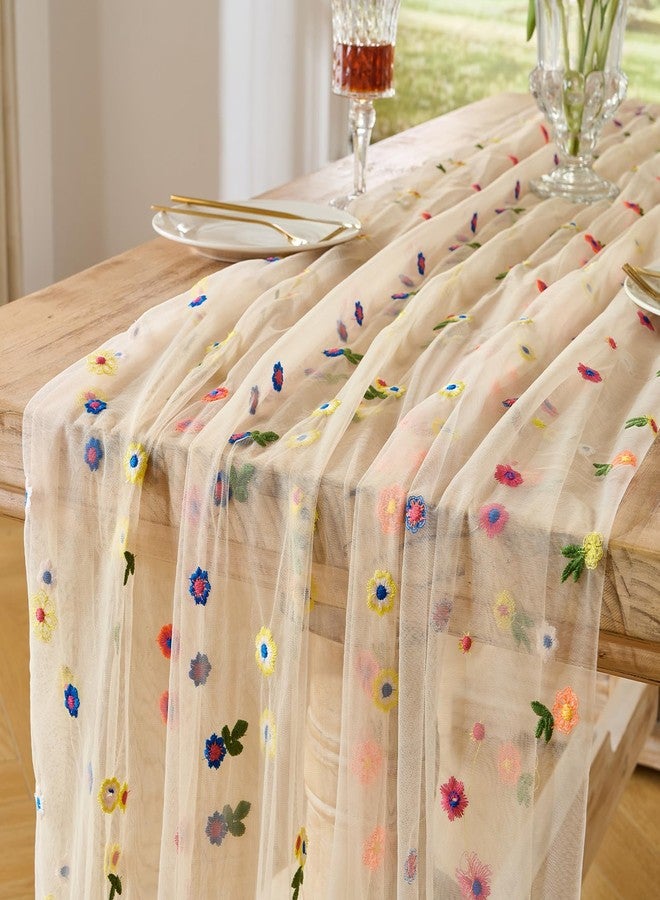 BINBE 3pcs Champagne Daisy Spring Table Runner Embroidery Gauze 10FT Florals Seasonal Tulle Holiday Birthday Kitchen Dining Table Decor for Home Party - Image 1
