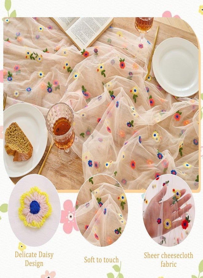 BINBE 3pcs Champagne Daisy Spring Table Runner Embroidery Gauze 10FT Florals Seasonal Tulle Holiday Birthday Kitchen Dining Table Decor for Home Party - Image 3