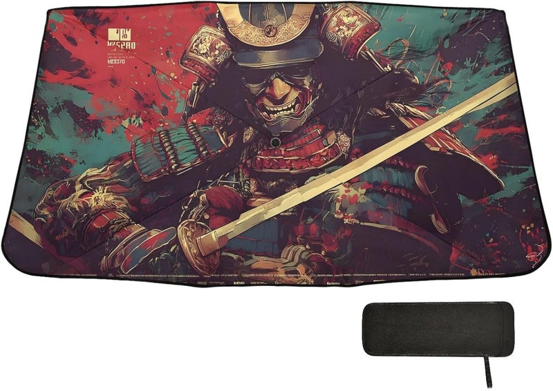 Windshield Sun Shade Umbrella Samurai Closeup Green – Fashion Design, Protect Car from Sun & Heat Damage, Easy Store, Universal Fit 55” x 27.5” - Image 1