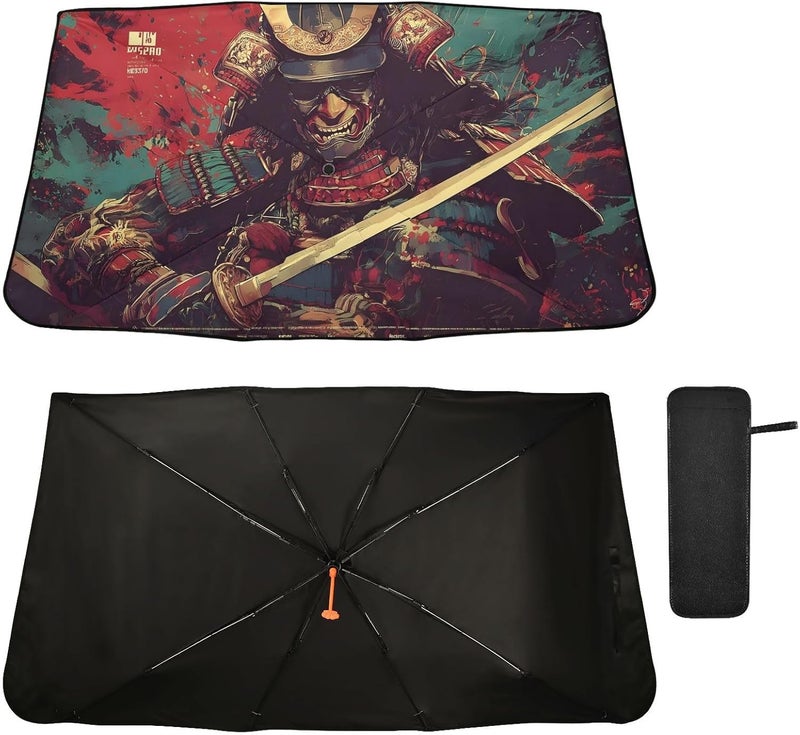 Windshield Sun Shade Umbrella Samurai Closeup Green – Fashion Design, Protect Car from Sun & Heat Damage, Easy Store, Universal Fit 55” x 27.5” - Image 2