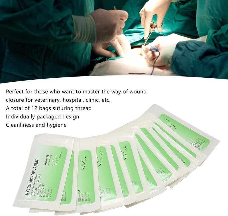 klarako 12pcs Suture Practice Thread, Individual Package Nylon Suturing Thread Set with Curved Needle for Hospital Clinic Rotation, First Aid Travel Safety, Veterinary Use (2/0) - Image 2