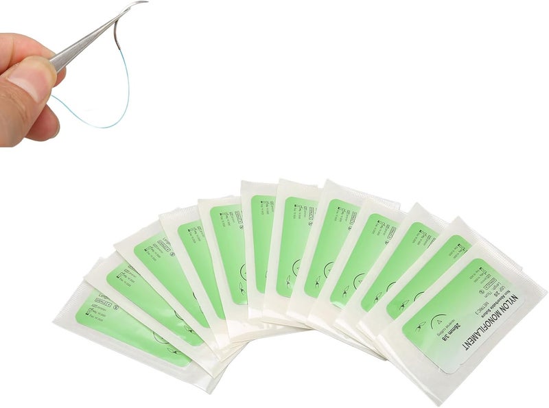 klarako 12pcs Suture Practice Thread, Individual Package Nylon Suturing Thread Set with Curved Needle for Hospital Clinic Rotation, First Aid Travel Safety, Veterinary Use (2/0) - Image 1