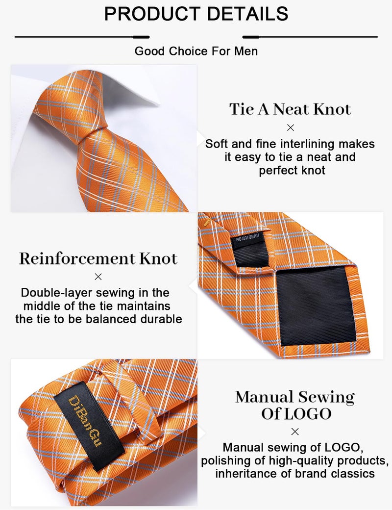 DiBanGu Plaid Ties for Men Silk Checkered Necktie and Pocket Square Cufflinks Tie Clip Set with Gift Box for Wedding Business, Burnt Orange - Image 5