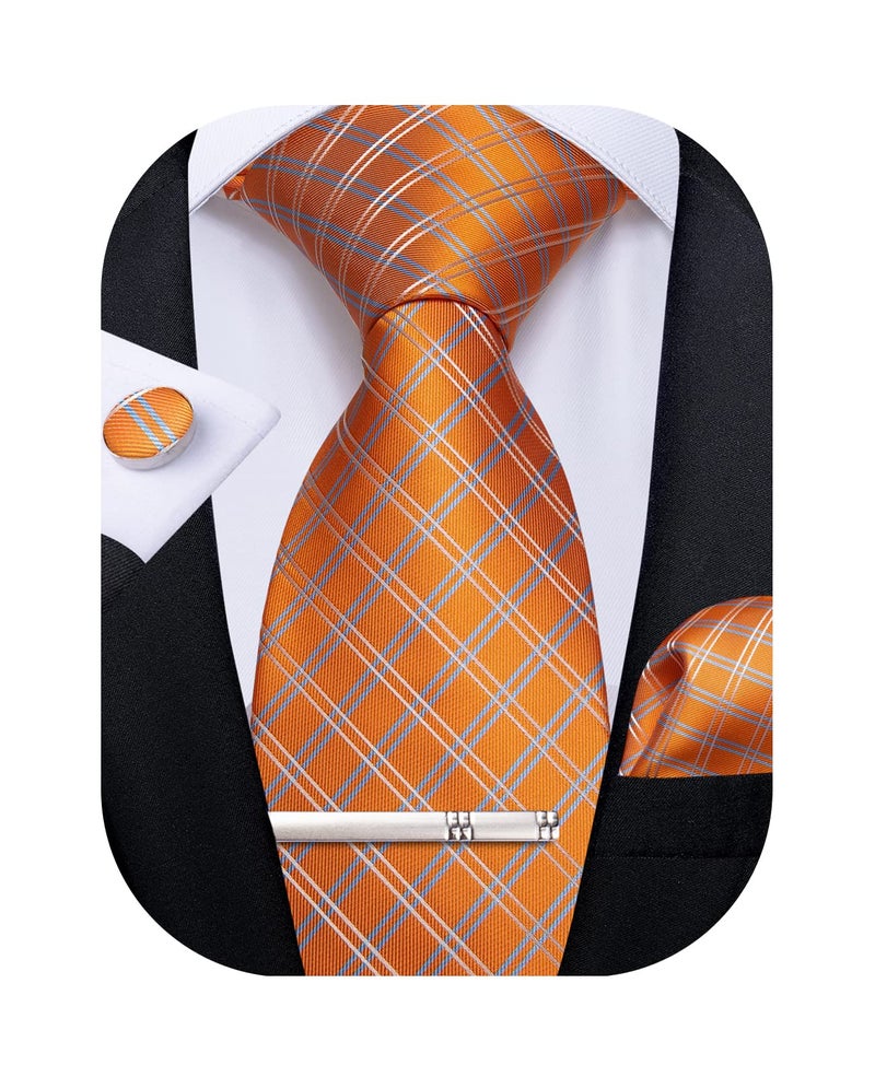 DiBanGu Plaid Ties for Men Silk Checkered Necktie and Pocket Square Cufflinks Tie Clip Set with Gift Box for Wedding Business, Burnt Orange - Image 1