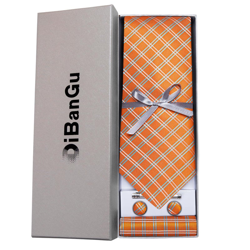 DiBanGu Plaid Ties for Men Silk Checkered Necktie and Pocket Square Cufflinks Tie Clip Set with Gift Box for Wedding Business, Burnt Orange - Image 3