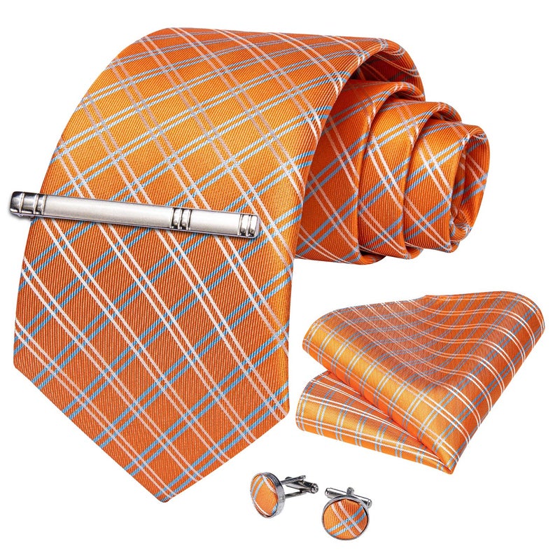 DiBanGu Plaid Ties for Men Silk Checkered Necktie and Pocket Square Cufflinks Tie Clip Set with Gift Box for Wedding Business, Burnt Orange - Image 4