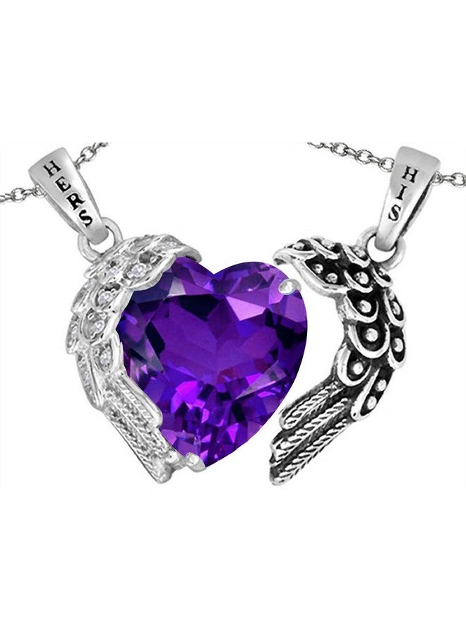 Star K His And Hers Winged Love Couple 2Pcs Pendant Necklace Set With Heart Shape 11Mm Simulated Amethyst - Image 1
