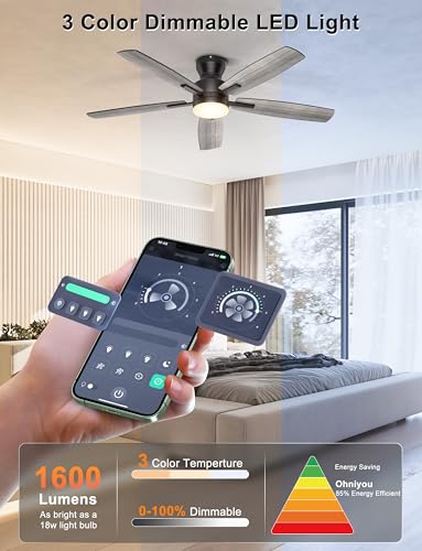 Ohniyou Ceiling Fans with Lights, 52'' Low Profile Ceiling Fan with Light and Remote/APP Control, Modern Flush Mount Ceiling Fan for Indoor Bedroom Living Room, Dimmable, Qiuet DC Motor, Black - Image 4