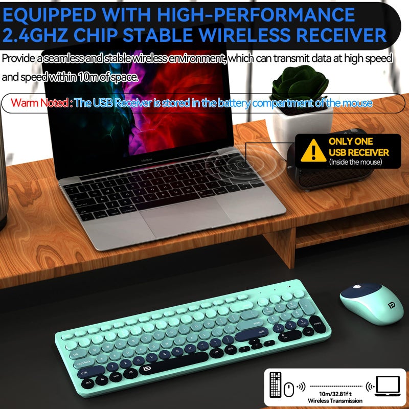 FD Wireless Keyboards and Mouse Combo - 2.4GHz USB Cordless, Cute Wireless Keyboard Round Keys, Quiet and Slim Set for Laptop, Computer, TV and Mac - Indigo Blue Colorful - Image 2
