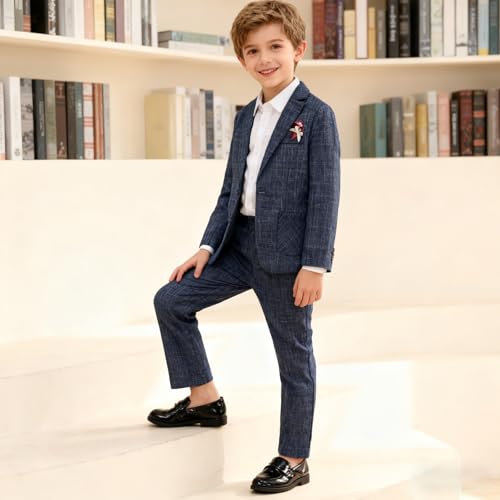LOLANTA Kids Boys Plaid Suit Fashion Blazer Pants Set 2 Piece Formal Wear Outfit for Wedding(Dark Blue, 10-11Years) - Image 4