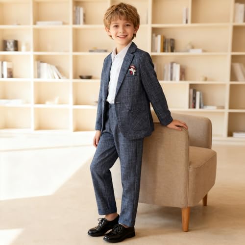 LOLANTA Kids Boys Plaid Suit Fashion Blazer Pants Set 2 Piece Formal Wear Outfit for Wedding(Dark Blue, 10-11Years) - Image 3
