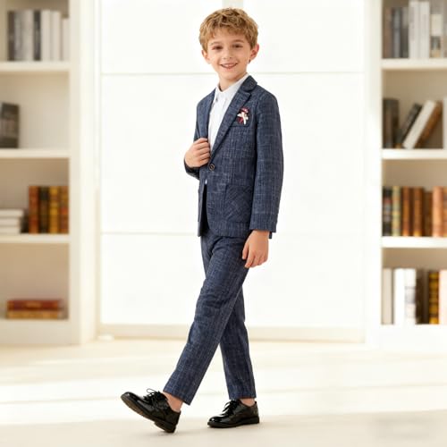 LOLANTA Kids Boys Plaid Suit Fashion Blazer Pants Set 2 Piece Formal Wear Outfit for Wedding(Dark Blue, 10-11Years) - Image 5