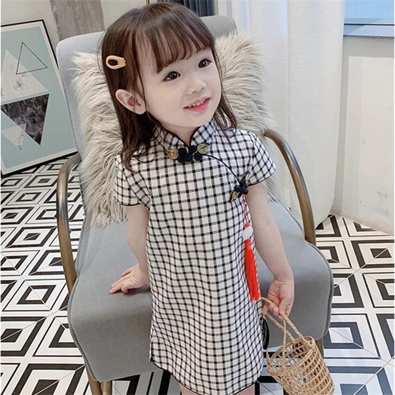 Girls Chinese Style Hanfu Summer Dress Black Plaid -9 
