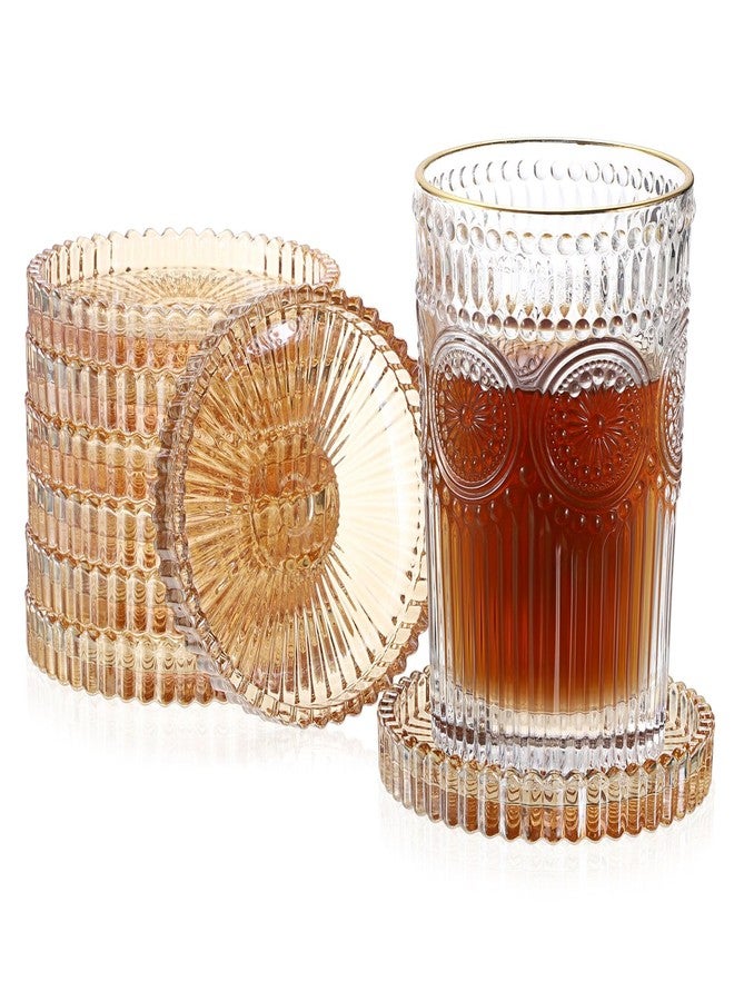 JUXYES 8 Pack Amber Tone Crystal Coasters Round Cup Mat, Glass Coasters for Drinks Coffee Tea Wine, Decorative Wine Bottle Coasters, Crystal Drink Coasters for Restaurant bar Kitchen Dining Table - Image 1