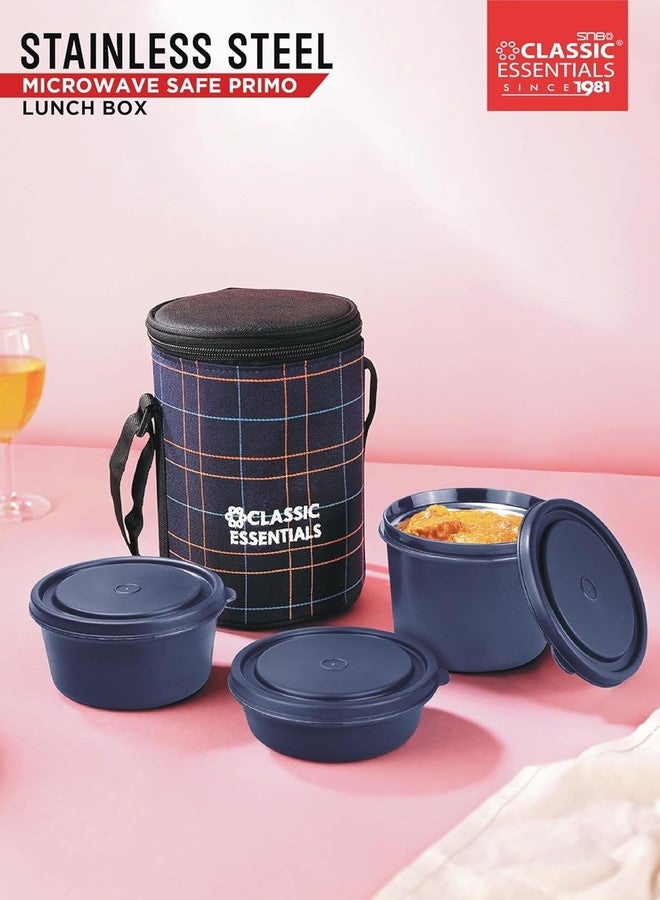 CLASSIC ESSENTIALS Lunch Box, Microwave Safe & Leak Proof, 3 Inside Steel Containers with BPA Free Lids (250ml, 400ml & 600ml), Insulated Fabric Bag (Blue) - Image 2
