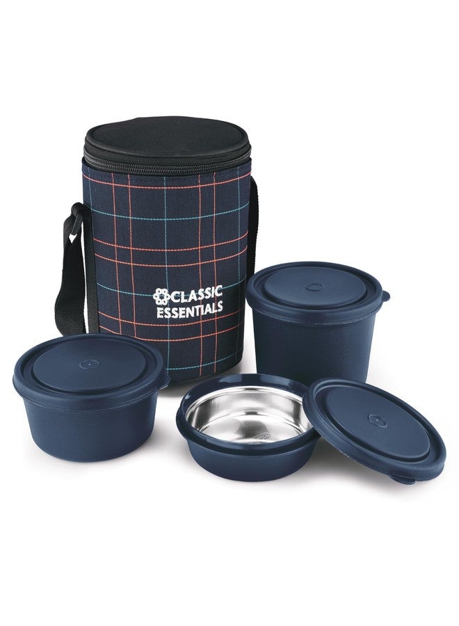 CLASSIC ESSENTIALS Lunch Box, Microwave Safe & Leak Proof, 3 Inside Steel Containers with BPA Free Lids (250ml, 400ml & 600ml), Insulated Fabric Bag (Blue) - Image 1