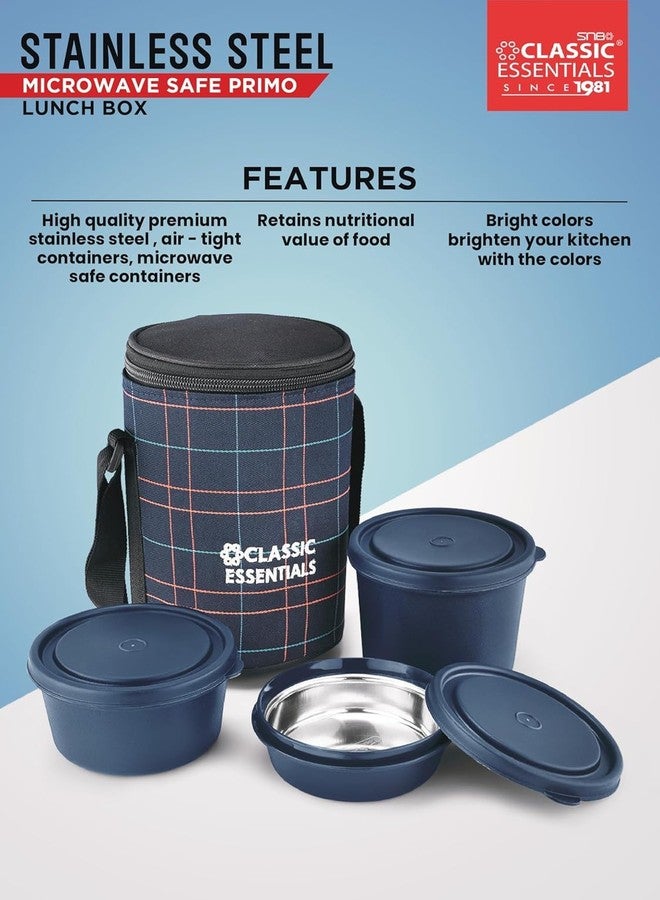 CLASSIC ESSENTIALS Lunch Box, Microwave Safe & Leak Proof, 3 Inside Steel Containers with BPA Free Lids (250ml, 400ml & 600ml), Insulated Fabric Bag (Blue) - Image 3