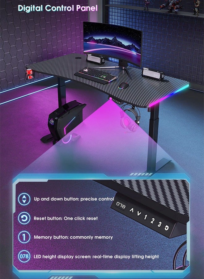 Multifunctional Adjustable Height Gaming Desk with RGB LED Lights, Wireless Remote, Handle Rack, Cup Holder, USB Socket and Headphone Hook 120 CM