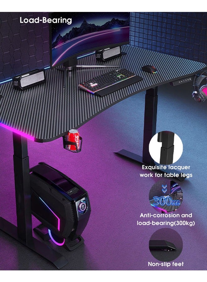 Multifunctional Adjustable Height Gaming Desk with RGB LED Lights, Wireless Remote, Handle Rack, Cup Holder, USB Socket and Headphone Hook 120 CM