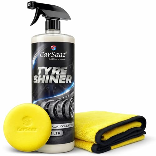 CAR SAAZ Tyre Shiner (1L) with Applicator Pad and Microfiber Cloth | Car & Bike Tyre Polish & Dresser | Gives Instant Shine, Increases Life, Prevents Fading & Cracking | Long-Lasting Protection - Image 1