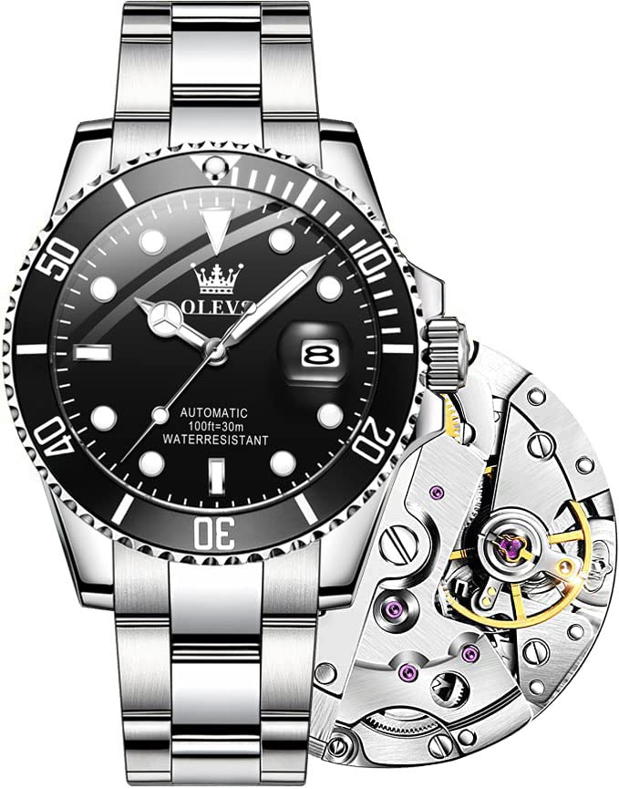 OLEVS Watch Men Automatic Self Winding Black Face Silver Stainless Steel Watches for Men Luxury Dress Waterproof No Battery Mens Wrist Watch Relojes De Hombre - Image 1