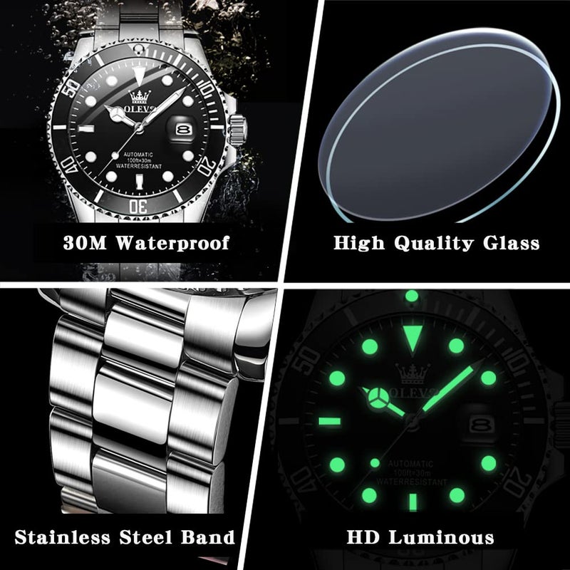 OLEVS Watch Men Automatic Self Winding Black Face Silver Stainless Steel Watches for Men Luxury Dress Waterproof No Battery Mens Wrist Watch Relojes De Hombre - Image 5