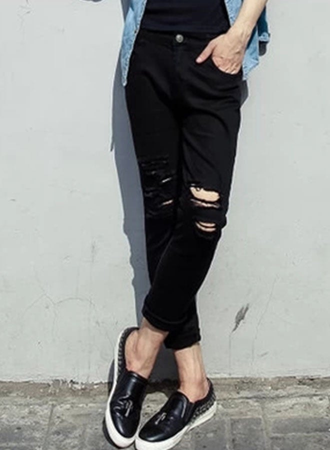 Summer trendy men's black knee ripped jeans - Image 2