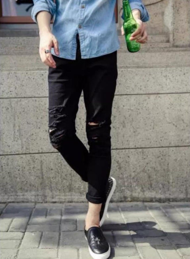 Summer trendy men's black knee ripped jeans - Image 3