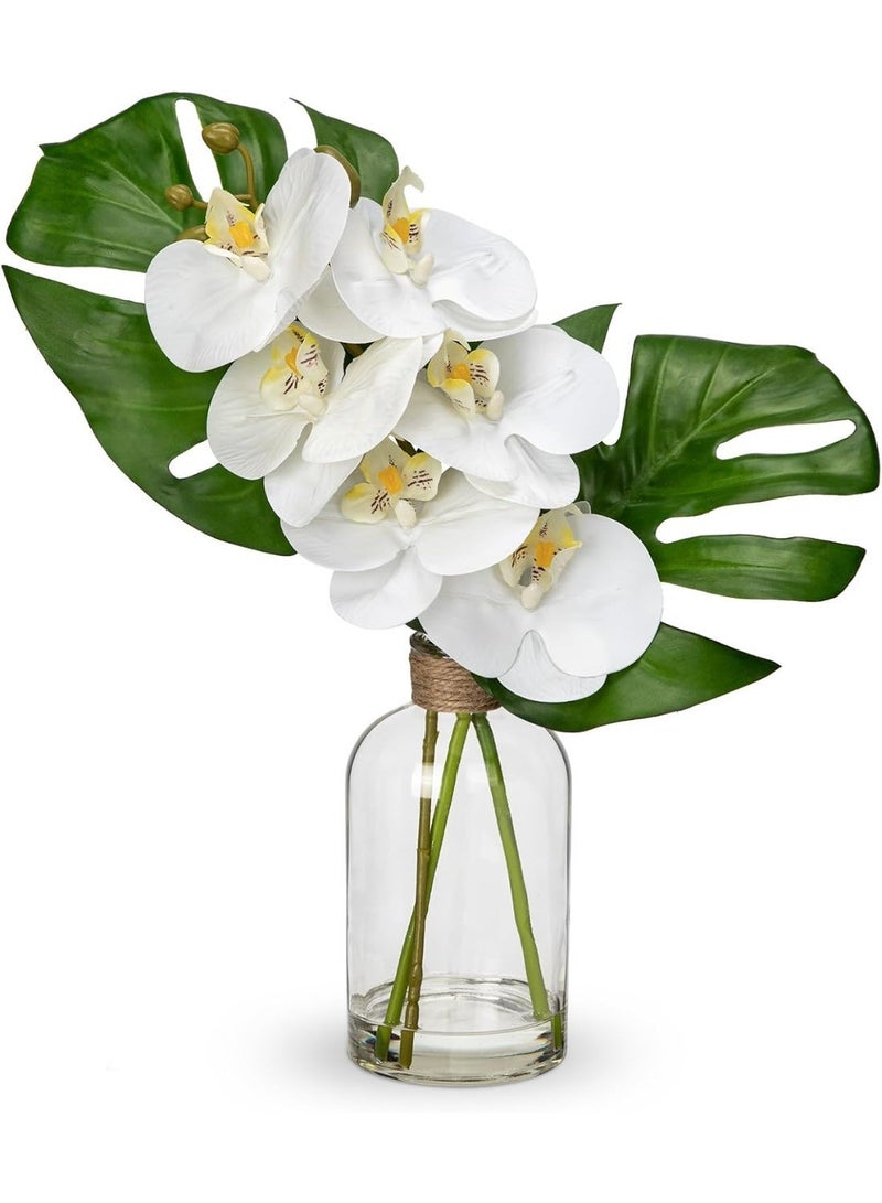 Artificial Monstera Plant and Orchid in Glass Vase, 13.8" Real Touch Fake Plant Tropical Leaves - Image 1
