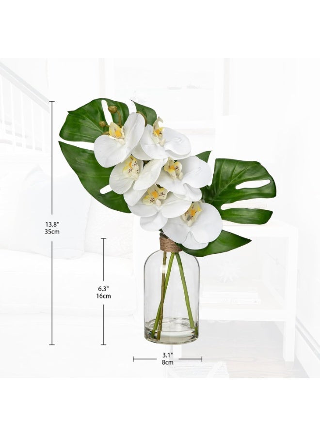 Artificial Monstera Plant and Orchid in Glass Vase, 13.8" Real Touch Fake Plant Tropical Leaves - Image 3