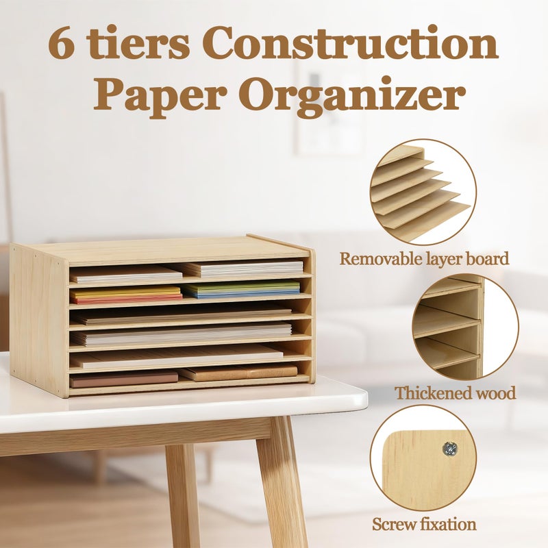 Gtouse Wooden Construction Paper Organizer 20" x 13.5", 6 Tier Construction Paper Classroom Sorter with Adjustable Shelves for 12" x 18" & 9" x 12" Papers, Desktop Organizer for Craft Room/Home/Office - Image 4
