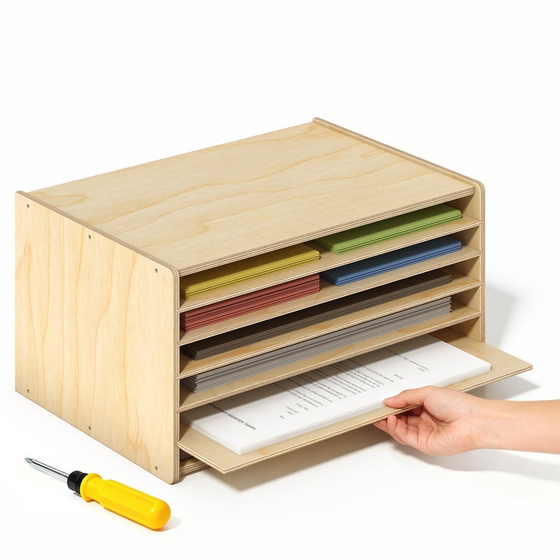 Gtouse Wooden Construction Paper Organizer 20" x 13.5", 6 Tier Construction Paper Classroom Sorter with Adjustable Shelves for 12" x 18" & 9" x 12" Papers, Desktop Organizer for Craft Room/Home/Office - Image 1