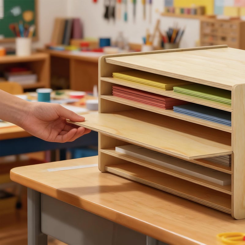Gtouse Wooden Construction Paper Organizer 20" x 13.5", 6 Tier Construction Paper Classroom Sorter with Adjustable Shelves for 12" x 18" & 9" x 12" Papers, Desktop Organizer for Craft Room/Home/Office - Image 5