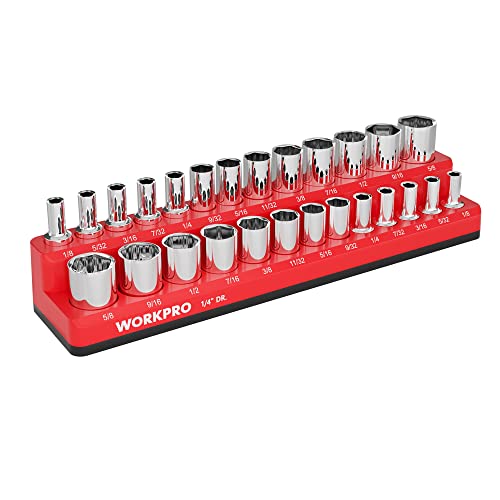 WORKPRO Magnetic Socket Organizer, 1/4-Inch SAE Socket Holder, Socket Trays Holds 26 Pieces Standard Size and Deep Size Sockets(Sockets not Included) - Image 1