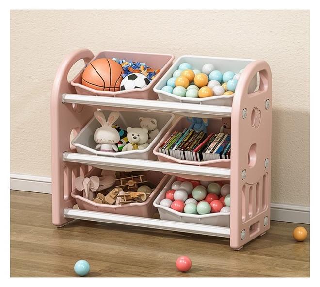 MIXDE Kids Toy Storage Organizer with 6 Bins, Multi-functional Nursery Organizer, Child Furniture Cabinet with Shelf and Bins for Playroom, Bedroom, Living Room (pink) - Image 1