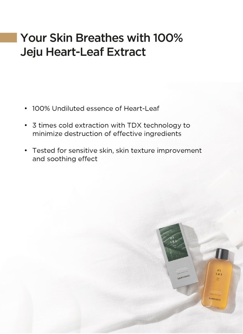 Banobagi - Heart Leaf 100 Essence Toner, a vegan-certified face toner perfect for sensitive and oily skin. Infused with the soothing and hydrating formula of Heart Leaf and the vitality of Jeju Island, it refreshes and balances skin for a smoother, revitalized complexion (150ml) - Image 1