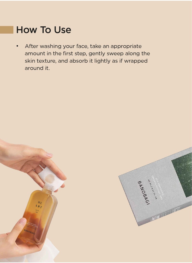 Banobagi - Heart Leaf 100 Essence Toner, a vegan-certified face toner perfect for sensitive and oily skin. Infused with the soothing and hydrating formula of Heart Leaf and the vitality of Jeju Island, it refreshes and balances skin for a smoother, revitalized complexion (150ml) - Image 1